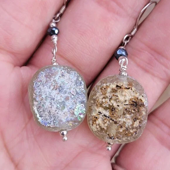 Ancient chunky Roman glass iridescent blue bead 925 sterling silver earrings - Picture 1 of 15